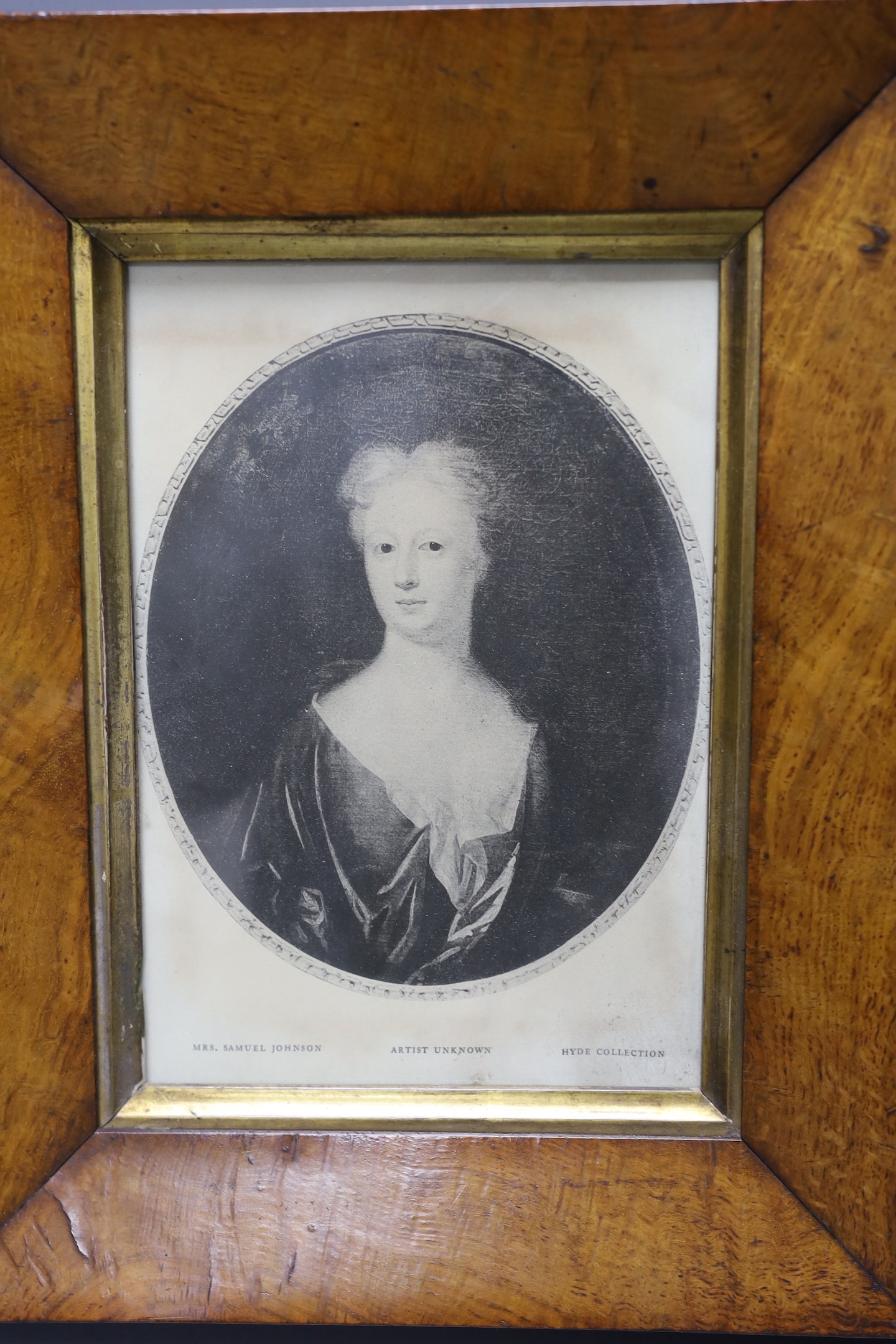 A 19th century silkwork embroidery in oak frame, and a print of Mrs Samuel Johnson, in oak frame